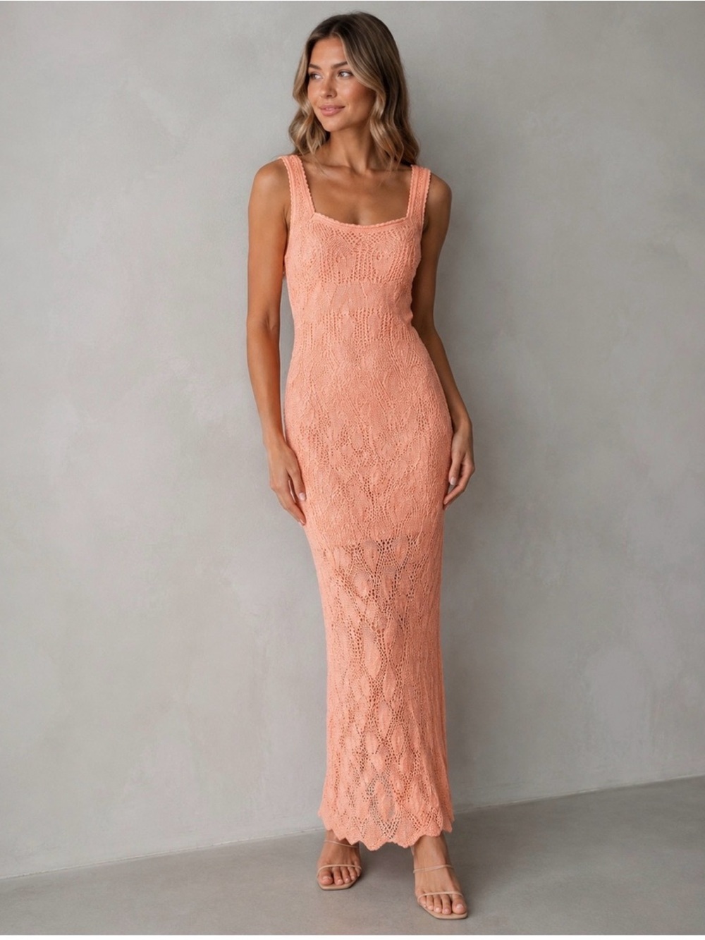 Guess Coral /Pink Fitted Knit Maxi Dress, XL